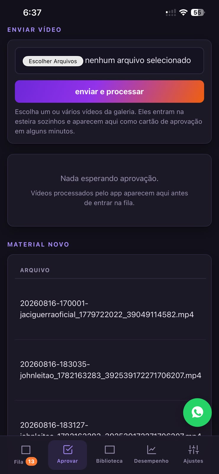 Mande o vídeo bruto